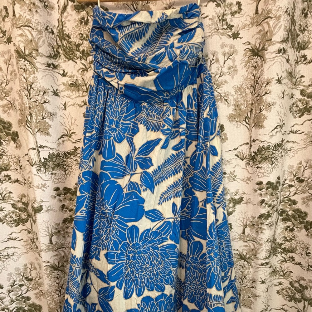 Olivaceous Blue and Cream Strapless Dress